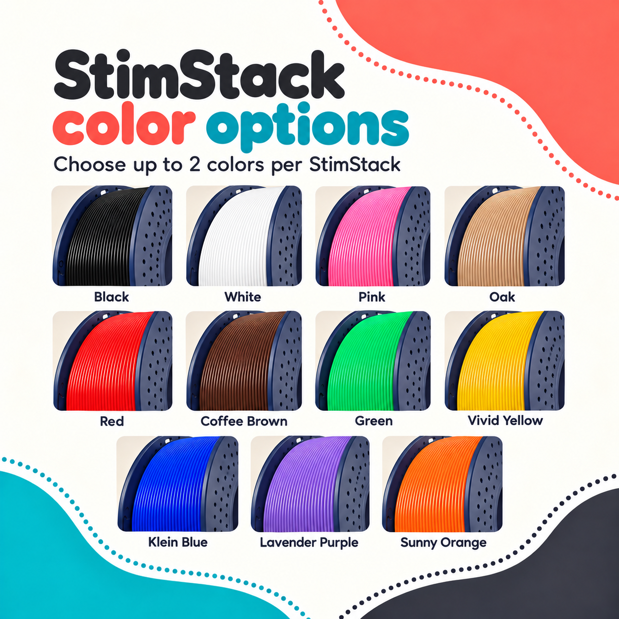 Official StimStack filament color swatch chart with eleven named colors